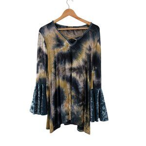 Vintage Style A Star Is Born Blue Tie-Dye Bell Sleeve Top With Velvet Like Accen